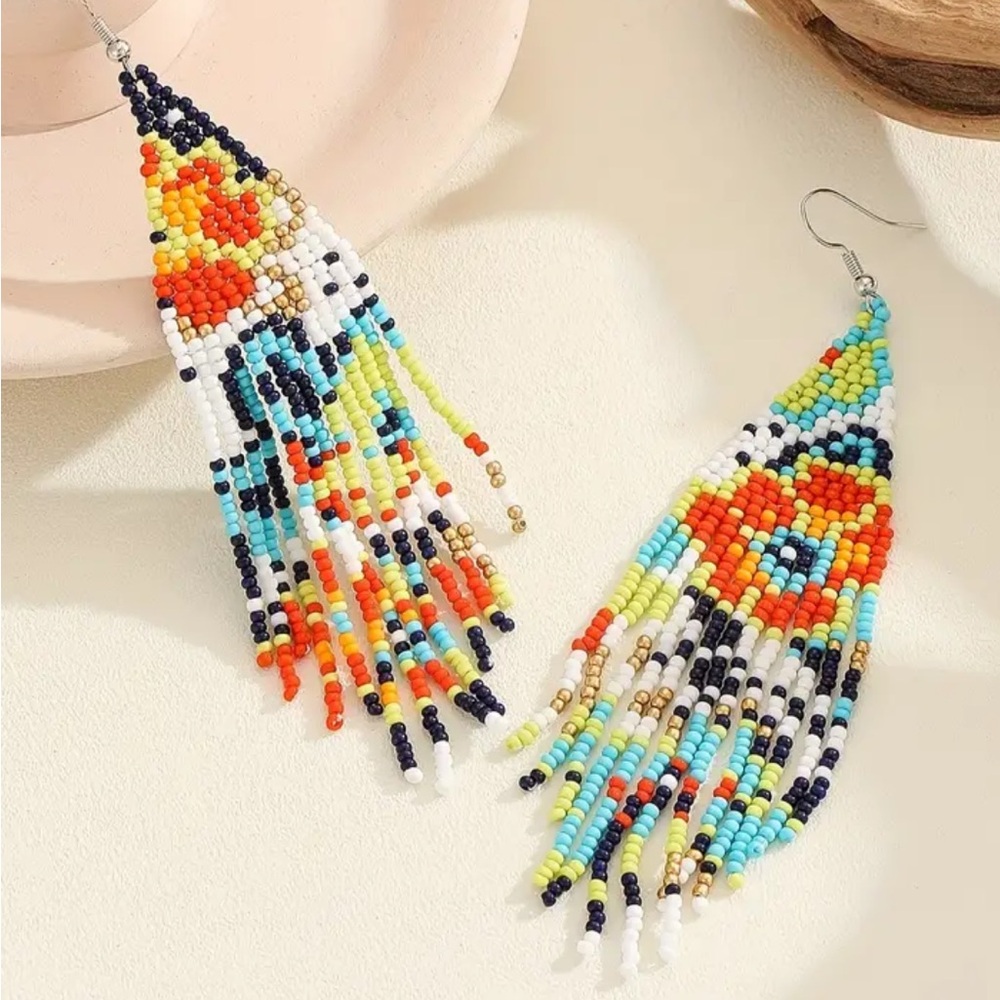 Colorful Floral Beaded Tassel Dangle Earrings - Picture 2 of 4